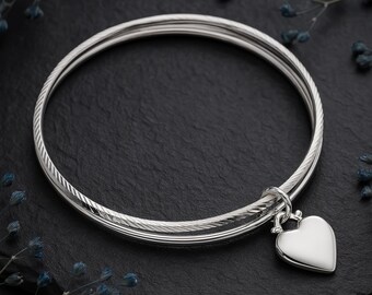 Personalised Heavy Sterling Silver Double Bangle With Heart Charm