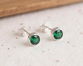 May Emerald Birthstone Stud Earrings in Sterling Silver