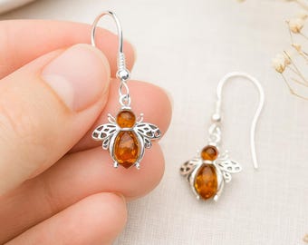 Sterling Silver Bee Drop Earrings: Genuine Baltic Amber