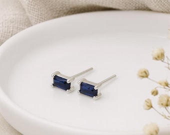 Sterling Silver Sapphire Cubic Zirconia Stud Earrings – 6mm x 4mm