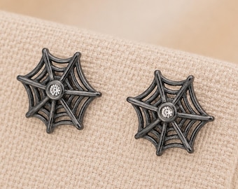 Black Sterling Silver Spider Web Stud Earrings