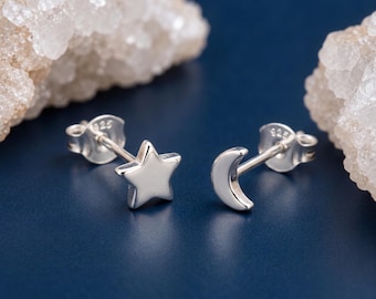 Personalised Mismatched Moon And Star Stud Earrings in Sterling Silver