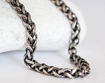 Mens Oxidised Sterling Silver Wheat Chain Necklace