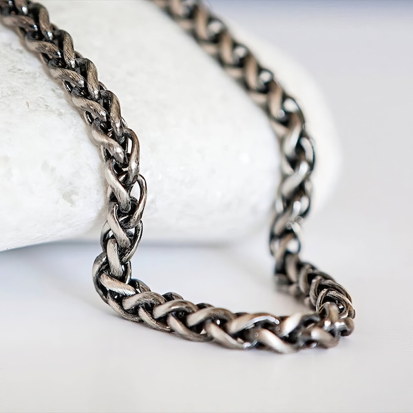 Mens Oxidised Sterling Silver Wheat Chain Necklace