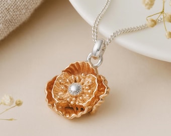 Poppy Pendant • August Birth Flower Necklace in Rose Gold Plated Sterling Silver • Personalised Disc Option • Gift for Her • Floral Charm