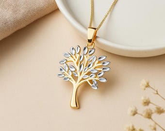 Tree of Life Pendant • Two-Tone 9ct Gold Charm with White Gold Leaves • Personalised • Gift for Her • Family Symbol Necklace