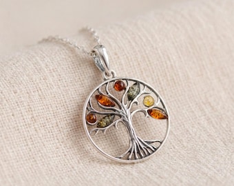 Personalised Baltic Amber Tree Of Life Pendant Necklace in Oxidised Sterling Silver