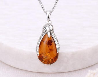 Personalised Sterling Silver Baltic Amber Penguin Pendant Necklace