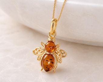 Personalised Gold Plated Sterling Silver Amber Bee Pendant Necklace