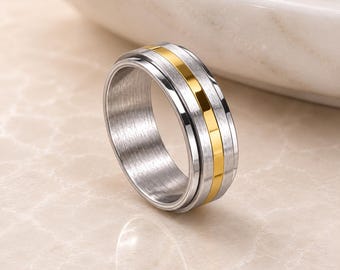 Personalised Silver Stainless Steel Spinner Ring with Gold