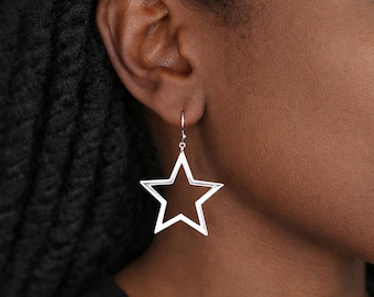 Large Sterling Silver Star Drop Statement Earrings – 20mm