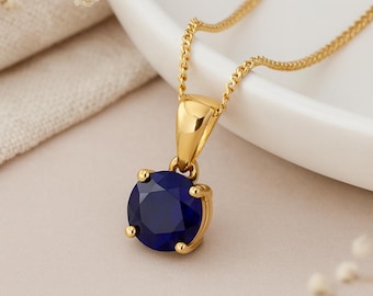 Sapphire Drop Pendant • Natural September Birthstone • Personalised 9ct Yellow Gold Dainty Gemstone Necklace Charm • Birthday Gift for Her