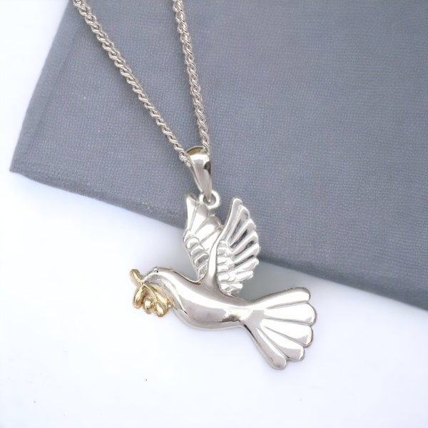 Dove Necklace in Sterling Silver, Animal Pendant, Bird Jewellery, Dove of Peace, Dove and Olive Branch,