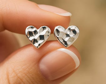Silver Plated Hammered Heart Stud Earrings