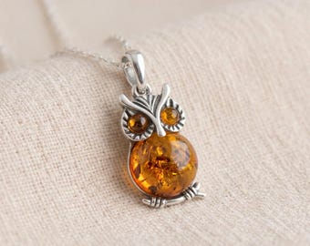 Personalised Baltic Amber Owl Pendant Necklace in Sterling Silver