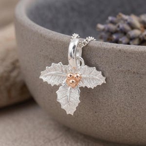 Personalised December Holly Birth Flower Pendant Necklace In Sterling Silver And Gold