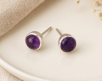 Amethyst Stud Earrings • Sterling Silver Purple Gemstone Studs • February Birthstone Gift • Dainty Jewellery • Gift for Her •