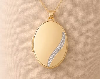 Personalised Large Solid 9ct Yellow Gold Diamond Oval Locket With Photos