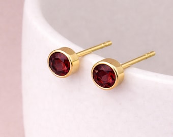Gold Plated Sterling Silver January Garnet Birthstone Stud Earrings – 7mm