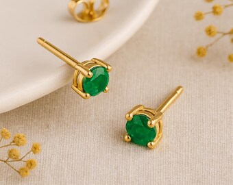 Solid 9ct Yellow Gold Emerald Stud Earrings
