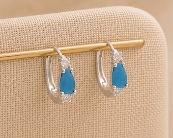 Sterling Silver Turquoise Huggie Hoop Earrings – 10mm