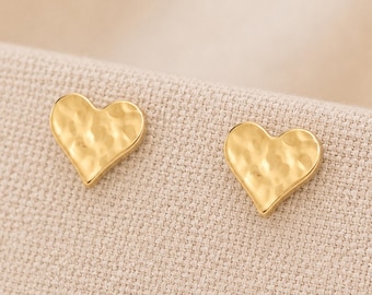 8mm Gold Plated Sterling Silver Hammered Heart Stud Earrings