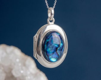 Personalised Blue Paua Shell Photo Locket Necklace in Sterling Silver