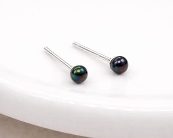 Sterling Silver Black Peacock Freshwater Pearl Micro Stud Earrings – 3mm