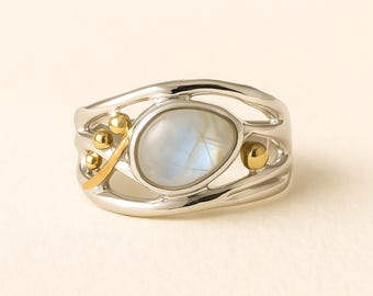 Molten Sterling Silver Organic Rainbow Moonstone Ring