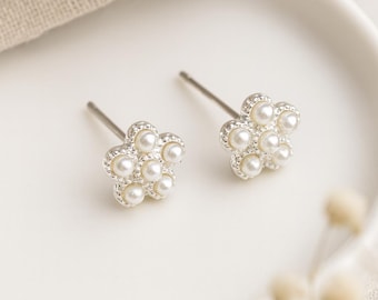 Pearl Flower Stud Earrings • Sterling Silver Faux Pearl Studs • Dainty Gift for Her • Bridesmaid Jewellery • Vintage-Inspired Studs •