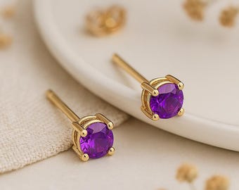 Solid 9ct Gold February Amethyst Birthstone Stud Earrings