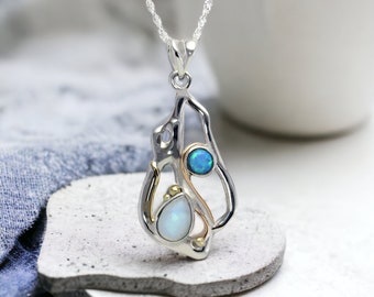 Personalised Sterling Silver Organic Blue Opal and Rainbow Moonstone Pendant Necklace