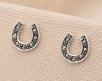 Oxidised Sterling Silver Marcasite Horseshoe Stud Earrings