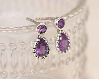 Sterling Silver Amethyst Drop Stud Earrings – 13mm x 6mm
