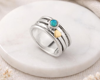 Personalised Sterling Silver Heart & Opal Spinner Ring – 10mm