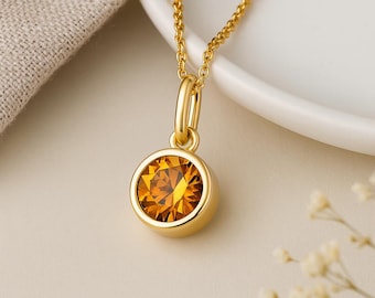 Citrine Birthstone Pendant • November Charm Necklace in Gold • Dainty Cubic Zirconia Gift • Personalised Birth Month Jewellery