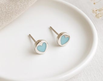 Turquoise Heart Stud Earrings • Sterling Silver Round Studs • December Birthstone Gift • Dainty Gift for Her • Everyday Earrings •