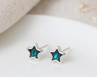 Micro Paua Shell Star Stud Earrings • Sterling Silver Studs • Ocean Jewellery • Dainty Gift for Her • Minimal Celestial Earrings •