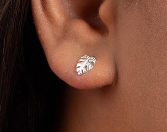 Sterling Silver Monstera Leaf Stud Earrings: Botanical Jewelry