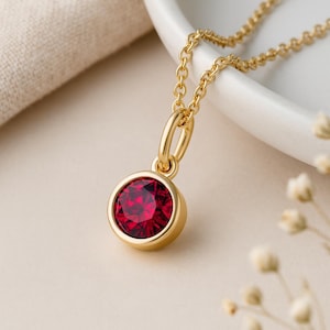 Ruby Birthstone Pendant • July Charm Necklace in Gold • Dainty Cubic Zirconia Gift • Personalised Birth Month Jewellery