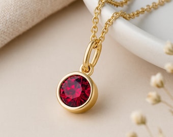 Ruby Birthstone Pendant • July Charm Necklace in Gold • Dainty Cubic Zirconia Gift • Personalised Birth Month Jewellery