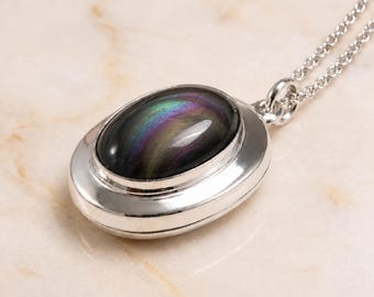 Personalised Rainbow Obsidian Photo Locket Necklace in Sterling Silver