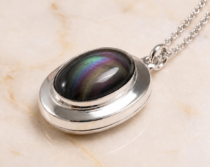 Featured listing image: Personalised Rainbow Obsidian Photo Locket Necklace in Sterling Silver