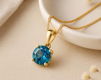 Blue Topaz Pendant • December Birthstone Necklace in 9ct Yellow Gold • Personalised Disc Option • Gift for Her • Minimalist Jewellery •