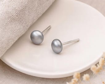 Grey Pearl Stud Earrings • Sterling Silver Freshwater Pearl Studs • Classic Gift for Her • Minimal Jewellery • Bridesmaid Earrings •
