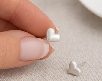 Sterling Silver Brushed Heart Stud Earrings, 7mm