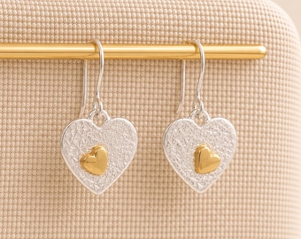 Sterling Silver And Gold Plated Double Heart Hook Drop Earrings