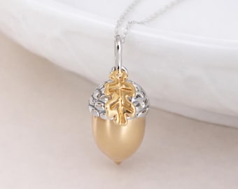 Personalised Sterling Silver and Gold Acorn Pendant Necklace with Leaf