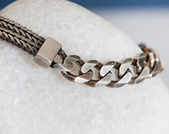 Personalised Oxidised Sterling Silver Heavy Herringbone and Curb Chain Bracelet