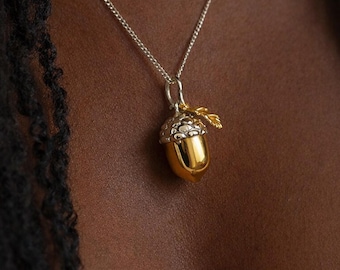 Personalised Sterling Silver and Gold Acorn Pendant Necklace with Leaf